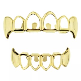 Best Grillz 14k Gold Plated Four Open Face Fang Grillz Top Bottom Hip Hop Vampire Fangs Set