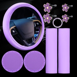 10 Pcs Leather Steering Wheel Cover for Women Cute Car Accessories Set with Seat Belt Shoulder Pads Seatbelt Covers Cup Holders Bling Start Button Ring Sticker Air Vent Clip Car Accessories (Purple)