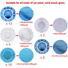 SIQUK 30 Packs Polishing Bonnet (5 to 6 Inches) Including 12 Packs Microfiber Car Polisher Bonnet 4 Packs Waxing Bonnet 10 Packs Non-Woven Buffing pad 2 Packs Cotton Bonnet 2 Packs Coral Fleece Bonnet