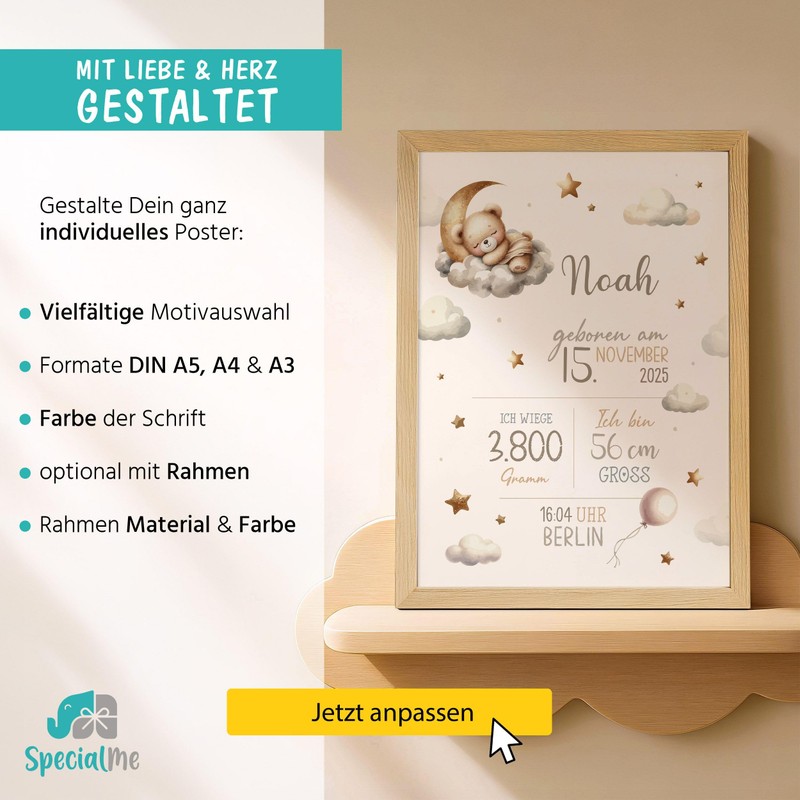 SpecialMe® Baby Poster personalisiert mit Geburtsdaten – Geburtsposter mit Teddybär,