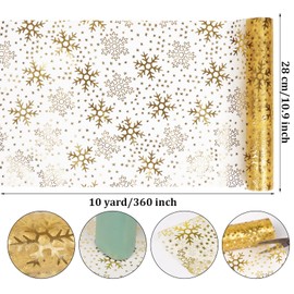 DERAYEE 10 Yards Christmas Table Runner, Gold Snowflakes Organza Tulle Roll Glitter Foil Table Cloth for Chrismas Table Decorations DIY Crafts Xmas Party Decor Gift Wrapping