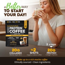 MariGold High Protein Collagen Coffee - Mocha Collagen Latte, Dairy Free, 20g Grass-Fed Type I & III Collagen Peptides, Energy Boost, 2 Shots Organic Espresso, Non-GMO, 1 Lb Bag, 15 Servings