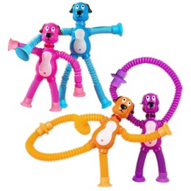 JZK 4x Cartoon dog pop tube toy, sensory fidget toy for little kids aged 2 3 4 5 6 years, small suction cup animal stretchy toy with flexible limbs