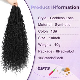 FANWYFYU 8 Packs Boho Faux Locs Crochet Hair 18 inch Goddess Locs Boho Soft Locs Crochet Hair with Curly Ends Pre-looped Long Bohemian River Locs Crochet Hair For Women (1B)