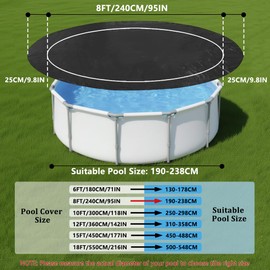 8Ft Pool Cover for Frame Above Ground Pools, Round Pool Covers for Inflatable Swimming Pool, Upgrade Tear Resistant Durability Fabric, Dustproof Windproof Waterproof Prevent Leaves, UV Resistance
