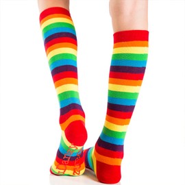 juDanzy Tall Knee High Rainbow Socks with Grips for Baby, Toddler, and Child (6-12 Months, Classic Rainbow Stripes)