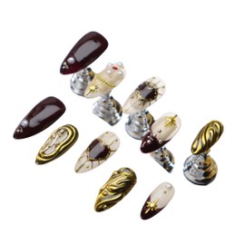 Almond Press on Nails Handmade Medium Long/Stiletto 3D Flower Fake Nail with Designs, Women Reusable False Nails (Golden Rose, L)