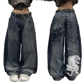 Unisex Y2K Hip Hop Street Jeans with Tiger Print Gothic Baggy Jeans Vintage High Waist Denim Wide Leg Pants (Tiger,Small)