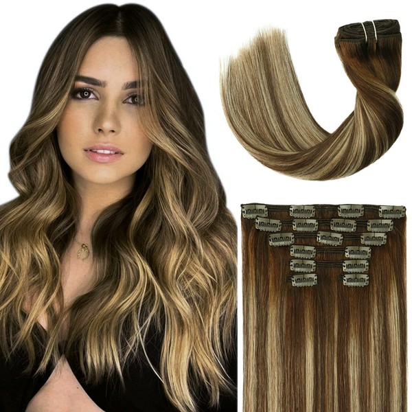 Clip In Human Hair Extensions Double Weft Brazilian Hair 120g 7pcs Chocolate Brown to Dark Blonde Highlight Chocolate Brown Full Head Silky Straight 100% Human Hair Clip In Extensions 18 Inch