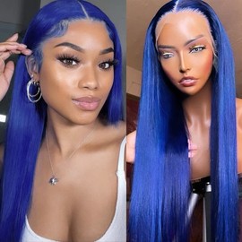 QD-Tizer Blue Lace Front Wigs for Fashion Woman Long Straight Navy Blue Hair Heat Resistant Fiber Hair Synthetic Lace Front Wigs 24 Inch