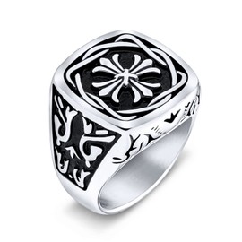 Bling Jewelry Personalize Large Statement Medieval Men's Religious Ancient Viking Maltase Fleur De Lis Cross Square Signet Band Ring for Men Oxidized Silver Tone Stainless Steel