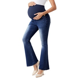 Maternity Jeans Over The Belly Slim Stretch Flare Maternity Pants Casual Belly Bell Bottoms Maternity Work Pants Dark Blue US 2XL