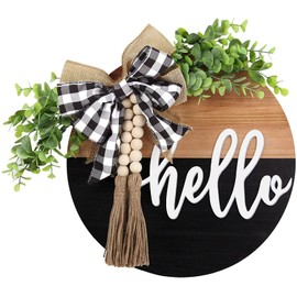 S_SSOY Hello Door Wreath for Front Door,Spring Wreath 13 Inch Farmhouse Door Sign Decoration for Window decoration Outdoor Front Door Home Decor (Black brown)