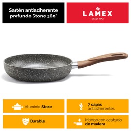 LAMEX | Sartenes Antiadherentes Profundo | Utensillos de Cocina | Ideal para tu Hogar & Cocina Integral | Stone 360° - 18 cm - Resistente 3.2 mm - Mangos Comfort Touch de Madera