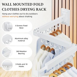 YUNISS Extendable Clothes Airer, Wall Mounted, Aluminium Clothes Rack, 3-Way Folded, Space-Saving Clothes Rail with 18 Hooks, Towel Holder for Balcony, Laundry, Bathroom, Patio, Dormitory, White