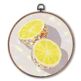 Hxlac Trendy Disco Yellow Lemons Kitchen Round Wall Art Framed, Glam Disco Round Wall Decor, Preppy Trendy Maximalist Hanging Canvas Prints Wall Sculptures for Girly Home Kitchen Decor, 10x10 Inch