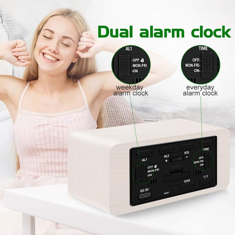 MOSITO Digital Wooden Alarm Clock with Wireless Charging, 0-100% Dimmer,
