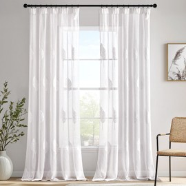MIULEE Curtains with Ruffle Tape, Living Room White Leaves Pattern, Beautiful Embroidery Curtain, Set of 2, Modern Bedroom Window, H 225 x W 140 cm