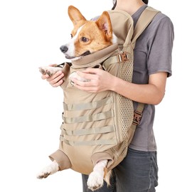 FLAdorepet Dog Carrier Tactical Backpack for Medium Large Dogs,Soft Hands-Free Legs Out Pet Front Cat Dog Carrier Backpack Travel Bag for Outdoor Traveling Hiking Camping (Large, khaki)