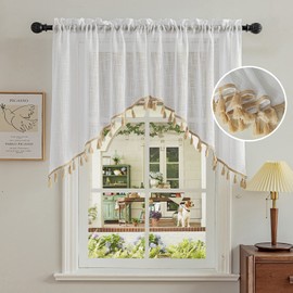 Beda Home Tassel Linen Textured Swag Curtain Valance for Farmhouses’ Kitchen; Light Filtering Rustic Short Swag Topper for Small Windows Bedroom Privacy Added Rod Pocket Design (36W x 36L, White)