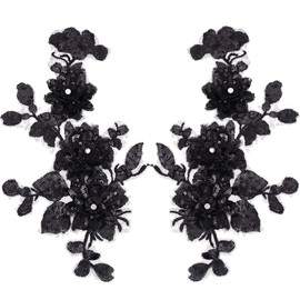 CABODYALS 2Pcs 2 Styles Black Floral Embroidery Applique Vintage Beaded Sequin Lace Appliques 3D Flower Rhinestone Sew on Ornament Patches for Sewing Making Dresses Gowns Party Bag Jeans Shirt Supply