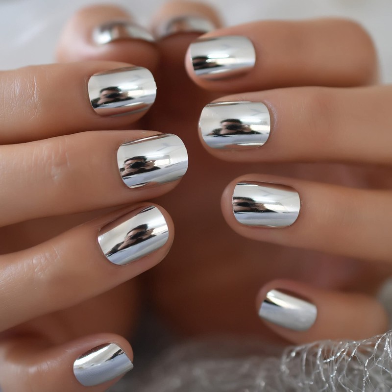 Coolnail 24pcs Short Round Mirror Fake Nails Metallic Silver Full