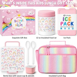 Fimibuke Kids Bento Snack Lunch Box with 4 Compartment, Insulated Bag, Stainless Steel Vacuum Food Jar, Ice Pack, Utensils Set, Birthday Gift for Age 3-12 Back to School Toddler Girl Boy
