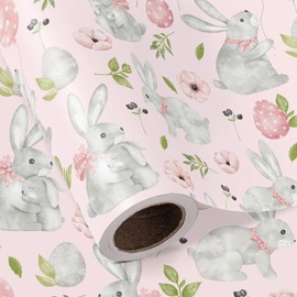 WRAPAHOLIC Baby Shower Wrapping Paper - Mini Roll - 17 Inch x 16.5 Feet - Watercolor Cute Bunny and Pink Floral Wrapping Paper for Baby Shower, Girls Birthday, Baptism Gift Wrap