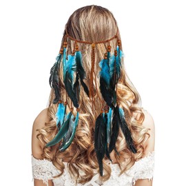 DOCILA Boho Feather Headband Women Turquoise Blue Native American Headdress Indian Headpieces Hippie Costume Hair Accessories