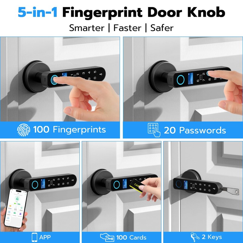 Smart Fingerprint Door Knob Lock with Display Screen, Fingerprint Biometric