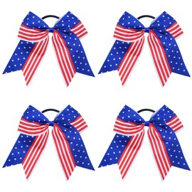 4PCS 4th of July Cheer Hair Bows 8" Patriotic Flag Festival Cheerleading Bow with Ponytail Holder Elastic Band Hair Accessories Cheer Bows