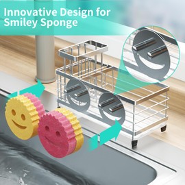HapiRm Sink Caddy Sponge Holder - Self-draining Kitchen Sink Organizer with Smiley Face and Brush Holder, Stainless Steel Kitchen Sponge Caddy for Countertop - Silver