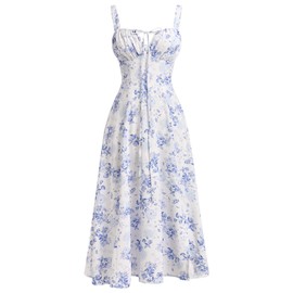 IBTOM CASTLE Women Floral Corset Dress: Ladies Boho Midi Dress Spaghetti Straps Square Neck Casual Flowy Slit Lace Up Bustier Dresses Party Going Out A Line Summer Sundress White & Blue Floral M