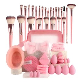 67pcs Brochas Maquillaje Profesional Esponjas Neceseres Rosa                                                                                          