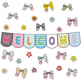 Welcome Back to School Cutouts Composition Notebook Classroom Bulletin Board Decorations Composition Coquette Bow Banner First Day of School Bulletin Board Decor for Teacher Chalkboard Door Wall Decor