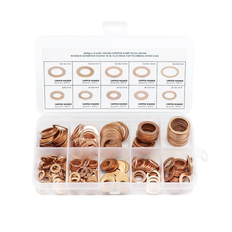 QWORK® Copper Washers Assorted Kit, 200 Pcs Flat Copper Sealing