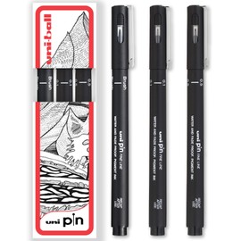Uni Pin Fineliner Drawing Pen - 0.1mm, 0.5mm & Brush Tips - Black Ink - Pack of 3 - In Gift Box