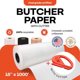 White Butcher Paper 18" x 12000" (1000 feet) with Cutter - USA-Made Natural Butcher Paper Roll for Meat & Fish - Uncoated, Unwaxed & Food-Grade Material for Smoker, Grilling & BBQ by IDL Packaging