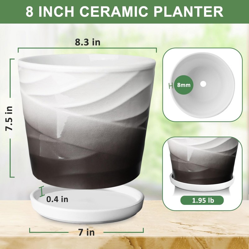 YUFDA 8 Inch Plant Pot,Ceramic Planter with Drainage and Saucer,Ceramic