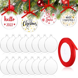 42 Pieces Clear Round Acrylic Christmas Ornament with Red Ribbon DIY Blank Round Acrylic Ornament Transparent Circle Discs for Christmas Bauble Tree Decoration Tag Craft (Cute Style, 3 Inches)
