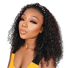 Headband Wig for Black Women Headband Wigs Human Hair Deep Wave Headband Wig None Lace Front Wigs Human Hair for Women 150% Density Wig Curly Hair (22 Inches, Natural Colour)