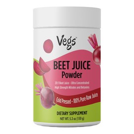 Vegs Beet Juice Powder - 20 X Ultra Concentrated Nitrates, Betanines, High Strength Nutrients - Freeze Dried Organic Beet Root Juice - Nitric Oxide, Healthy Circulation Superfood - Sugar Free, 5.3 oz