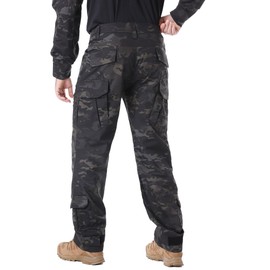 MERJAZ Tactical Pants for Men Water Resistant Hiking Pants Camo Cargo Pants with 10 Pockets No Belt and Kneepad Black Camo 30