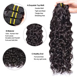 Water Wave Human Hair Bundles with Closure Human Hair Bundles Curly Weave Bundles Human Hair Bundles with Closure 3 Bundles Human Hair with 4x4 Lace Closure 20 22 24 + 18 inches