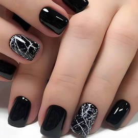 Pack of 24 Square Nails for Sticking, Short, French Press on Nails, White Crack, Square Artificial Fingernails for Sticking, Acrylic Full Cover Artificial Nails for Women and Girls, Nail Art