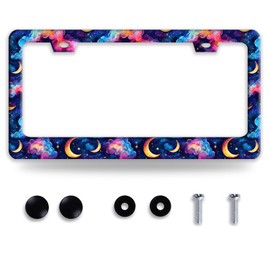 Watercolor Moon License Plate Frame Galaxy Clouds Stars License Plate Auto Accessory Decoration Stainless Steel Colorful License Plate Frames 6.3 x12.3 Inch