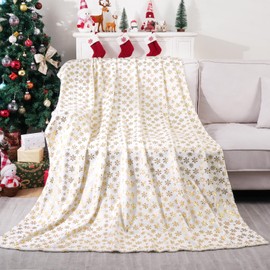 FRAMICS Christmas Throw Blanket, Gold Snowflake Foil Print Throw Blanket, White Flannel Fleece Throw Blanket for Couch, Soft Cozy Luxury Blanket for Sofa Bed Christmas Decor, 60" x 80"