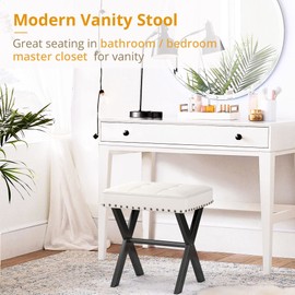 LUE BONA White Vanity Stool - Square Faux Leather Makeup Seat With Metal X Legs, Small Ottoman Chair for Makeup Room, Living Room, Bathroom - Padded Foot Rest