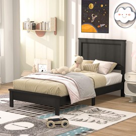 Giantex Wood Twin Bed Frames with Headboard, Mid Century Platform Bed Frame with Solid Wood Legs & Wooden Slat Support, Twin Bed Frames for Kids Adults, Black Bed