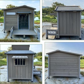 Gowoodhut Weatherproof Dog House Outdoor Wooden Chew-Proof Iron Frame, Removable Floor and Adjustable Window for Small Medium Some Large Dogs(Gray, 35" L x 26" W x28 H)